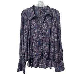Free People Women's SM Modern Muse Button Front Long Sleeve Paisley Boho Blouse